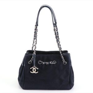 AUTHENTIC CHANEL BAG V Stitch Purse Dark blue silver hardware